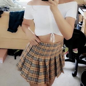TAN PLAID PLEATED SKIRT